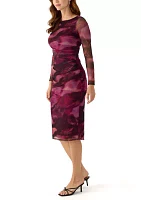 Women's Long Sleeve Crew Neck Printed Mesh Sheath Dress