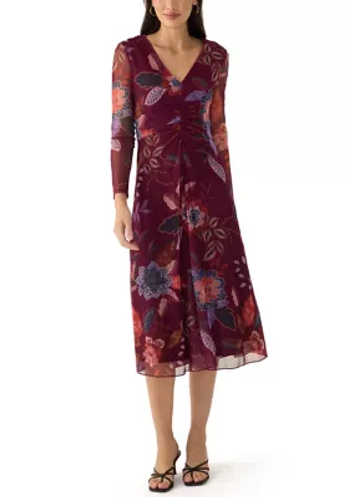 Women's Long Sleeve Floral Print Mesh Fit and Flare Dress