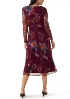 Women's Long Sleeve Floral Print Mesh Fit and Flare Dress