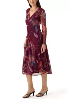 Women's Long Sleeve Floral Print Mesh Fit and Flare Dress