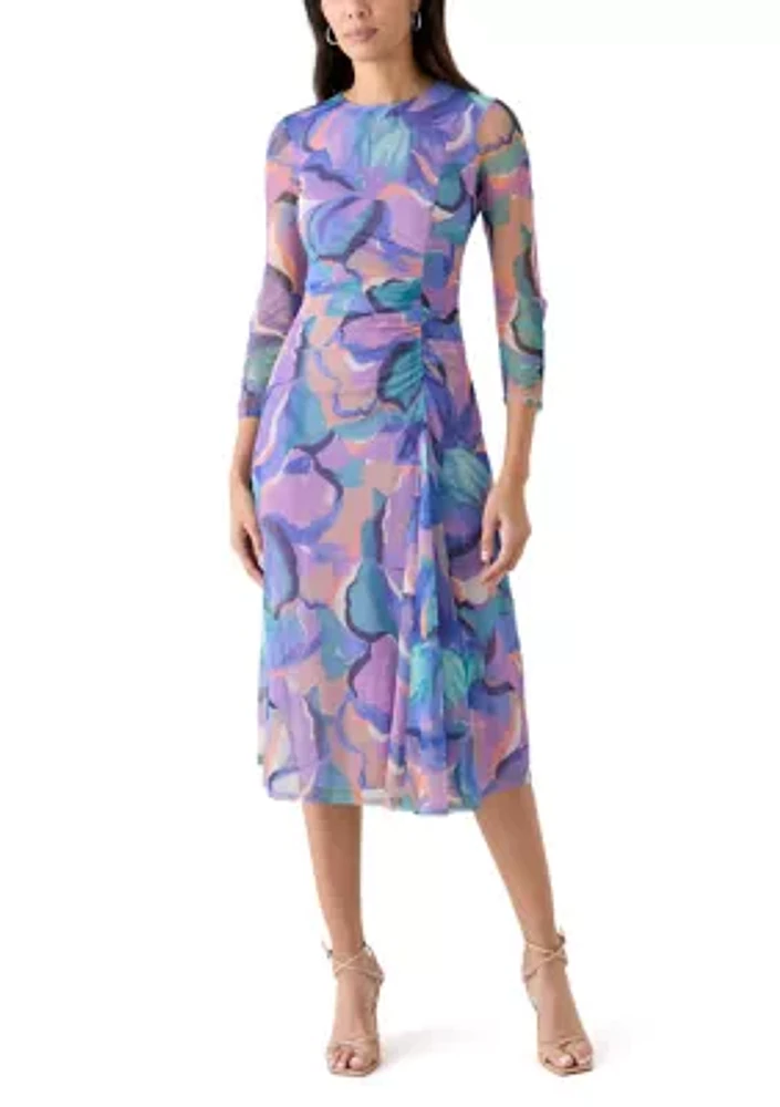 Women's Long Sleeve Geo Print Ruched Midi Dress