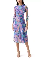 Women's Long Sleeve Geo Print Ruched Midi Dress