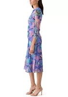 Women's Long Sleeve Geo Print Ruched Midi Dress