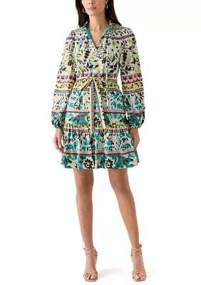 Women's 3/4 Sleeve High Neck Floral Print Fit and Flare Dress