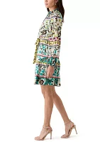 Women's 3/4 Sleeve High Neck Floral Print Fit and Flare Dress