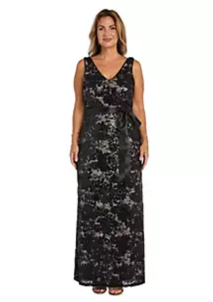 R & M Richards Long Sequin And Lace Crochet Contrast Lining Dress With Ribbon Sash