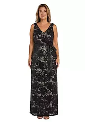 R & M Richards Long Sequin And Lace Crochet Contrast Lining Dress With Ribbon Sash