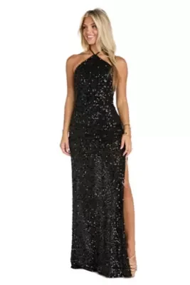 Long Sequin Clutter Beading Halter Tie Neckline Bias Dress
