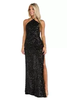 Long Sequin Clutter Beading Halter Tie Neckline Bias Dress