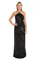 Long Sequin Clutter Beading Halter Tie Neckline Bias Dress