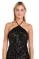 Long Sequin Clutter Beading Halter Tie Neckline Bias Dress