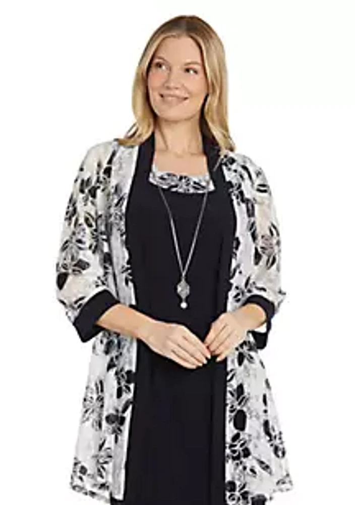 R & M Richards 2Pc  Lace Jacket Dress With Feather Contrast Print Solid Ity Detachable Necklace