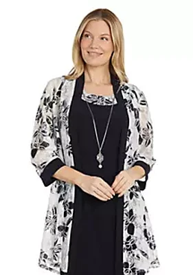 R & M Richards 2Pc  Lace Jacket Dress With Feather Contrast Print Solid Ity Detachable Necklace