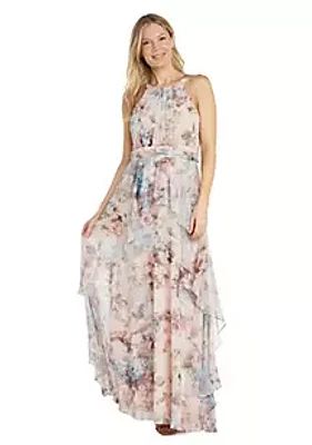 R & M Richards Long Chiffon Watercolor Printed Halter Dress With Inverted High Low Ruffle Skirt