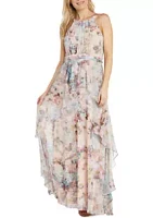 R & M Richards Women's Sleeveless Halter Neck Watercolor Print Gown