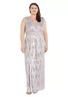 R & M Richards Long V Neck Jacquard Printed Metallic Dress With Rhinestone Trimmed Waist