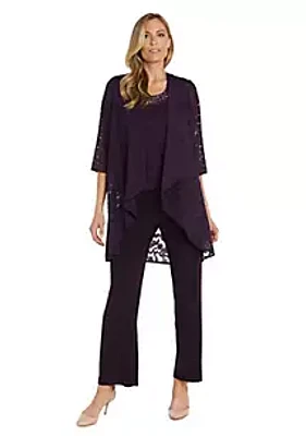 R & M Richards 3Pc Duster Jacquard Burnout Pantsuit