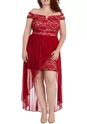 Morgan & Co. Lace Off The Shoulder W Notched V Bodice And Chiffon Overlay Hi Lo Skirt