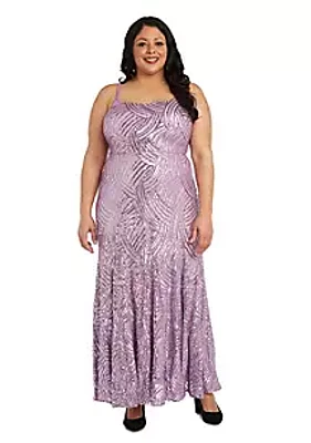 Morgan & Co. Long Brush Stroke Sequins With Square Neck, Spaghetti Straps, Lace Up And Open Back Detail