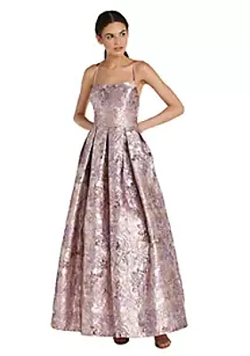 Morgan & Co. Long Metallic Jacquard Ballgown W Spaghetti Straps  Pockets And Cut Out Back Detail