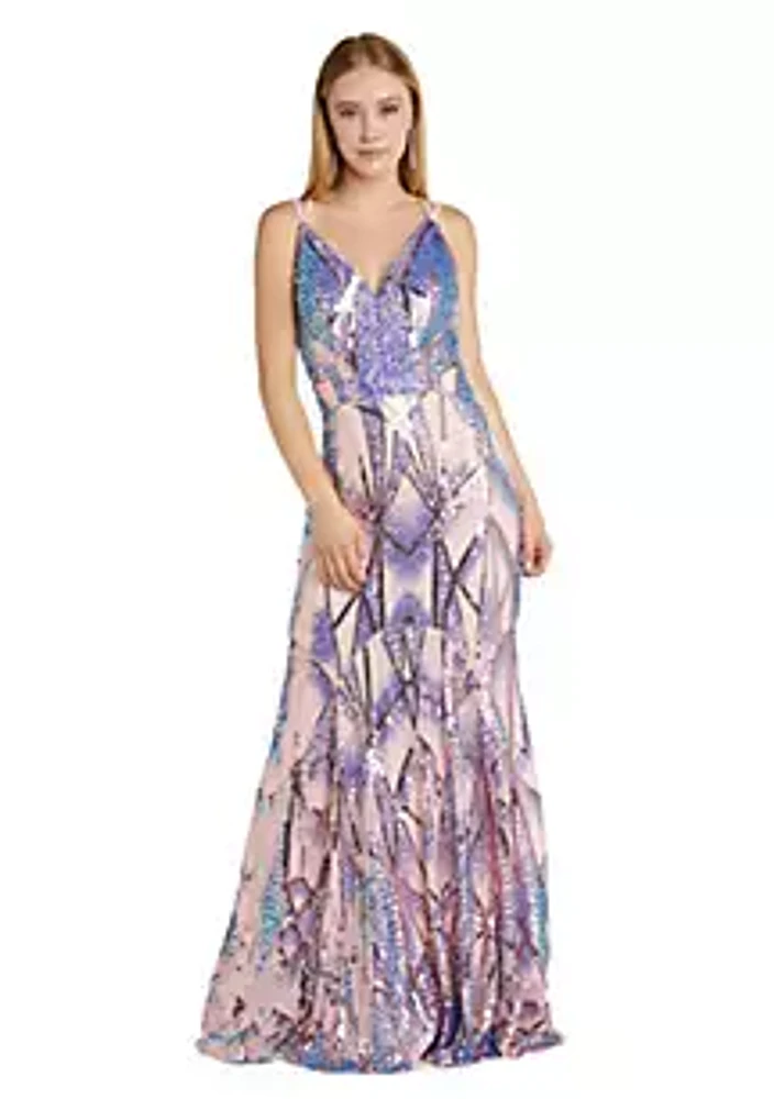 Morgan & Co. Long Deco Sequins W V Front And Strappy Back