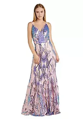 Morgan & Co. Long Deco Sequins W V Front And Strappy Back