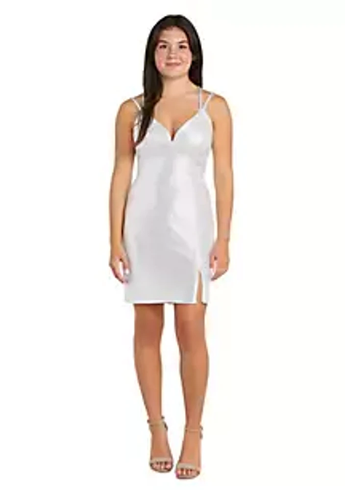 Morgan & Co. Short Foil Knit W Sweetheart Neck, Side Slit, Double Spaghetti Straps And Strappy Back