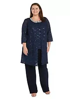 R & M Richards 3Pc Duster Pant Set Scallop Edge Jacket And Sleeve W Pearl Sequin Collar Detail, Lace Tank Ity