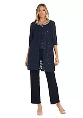 R & M Richards 3Pc Duster Pant Set Scallop Edge Jacket And Sleeve W Pearl Sequin Collar Detail  Lace Tank Ity