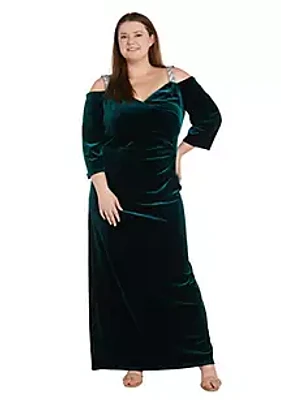 R & M Richards Long Stretch Velvet Dress Side Rouched Waist With Off The Shoulder Detail And Rhinestone Straps