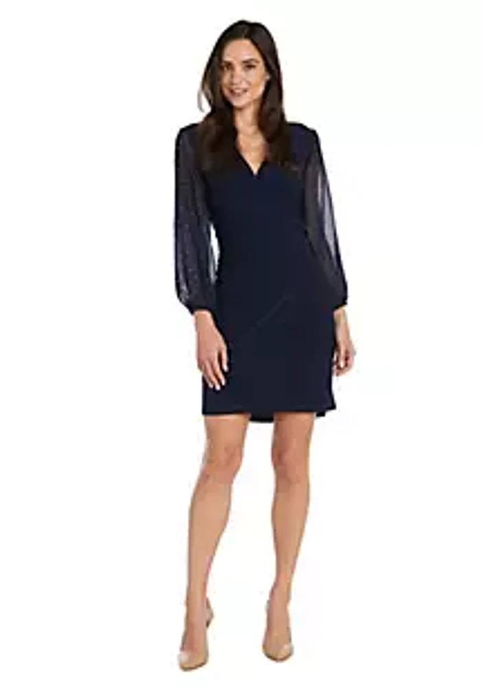 R & M Richards 1Pc Sheer Balloon Sleeve With Stud Detail Wrap Dress