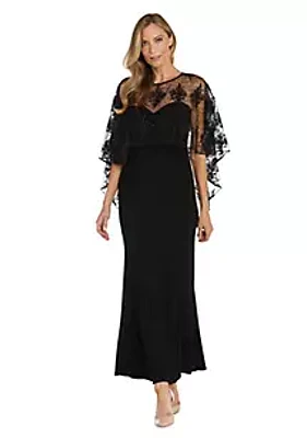 R & M Richards 1Pc Long Sheer Illusion Embelished Mesh Capelet Over Ity Dress