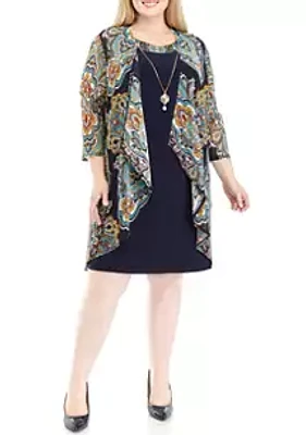 Rabbit Plus 3/4 Sleeve Paisley Print Jacket Dress with Removable Necklace