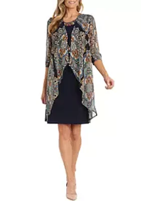 R & M Richards Women's 3/4 Sleeve Paisley Print Jacket Dress with Removable Necklace