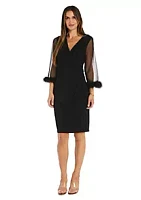 R & M Richards 1Pc Feather Trim Illusion Slv Wrap Dress