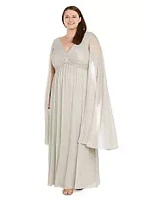 R & M Richards Long Crinkle Pleated Goddess Dress With Split Cape Sleeves And Empire Waist Rhinestone Trim