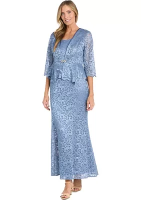 Long Lace 2 Pc Peplum Jacket Dress With Frog Closure