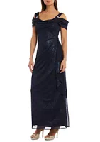 R & M Richards Women's Cold Shoulder Side Ruch Sparkle Long Dress