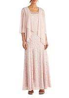 Petite Long Flyaway Sheer Jacket Over Lace A-Line Dress with Beaded Neckline