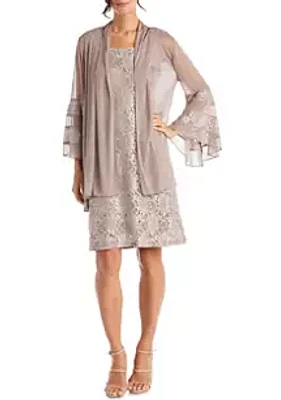 R & M Richards 2 Piece Bell Sleeve Jacket Dress Over Lace and Beaded Shift Dress