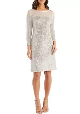 R&M Richards Women's  Short Sequin Dress With Illusion Bodice and Sleeve Cap