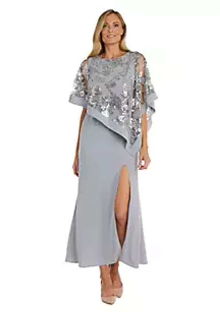 R & M Richards 1 Pc Emb Sequin Lace Poncho Over Ity Sheath Long Dress