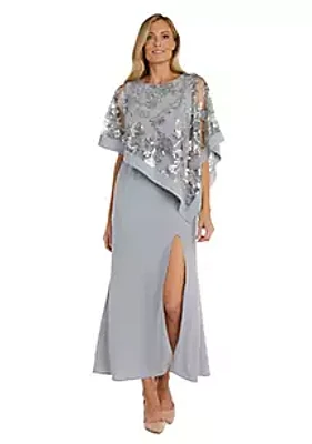 R & M Richards 1 Pc Emb Sequin Lace Poncho Over Ity Sheath Long Dress