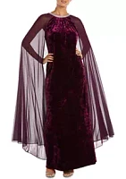 R & M Richards Women's Rhinestone Neck Long Sheath Dress and Chiffon Cape