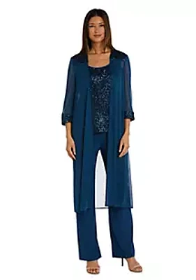 R & M Richards 3Pc Sequin Power Mesh And Matte Jersey Chiffon Duster Over Ity Pant Set