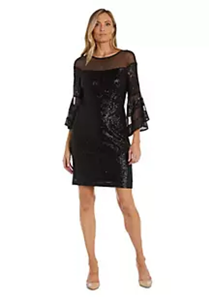 R & M Richards 1Pc Short Illusion Sequin Bodice And Bell Sleeve Dress