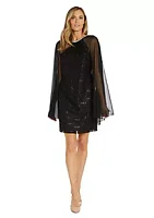 R & M Richards Short Sequin Lace Dress With Matte Chiffon Cape And Rhinestone Trim