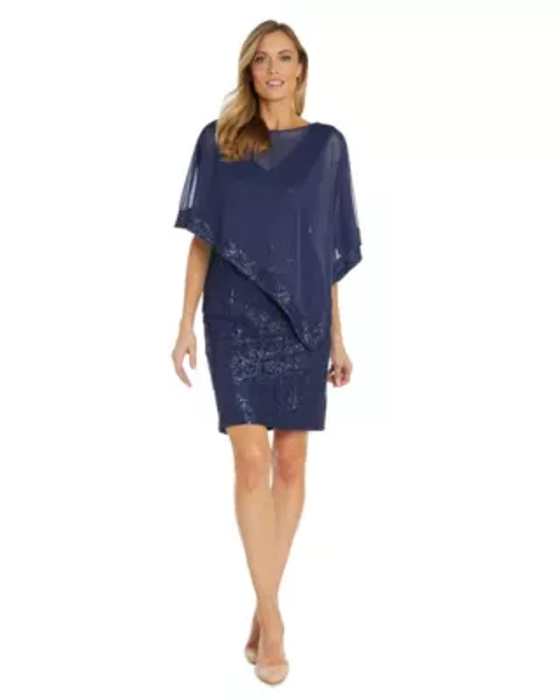 1Pc Short Lace V Neck Dress With Sheer Poncho