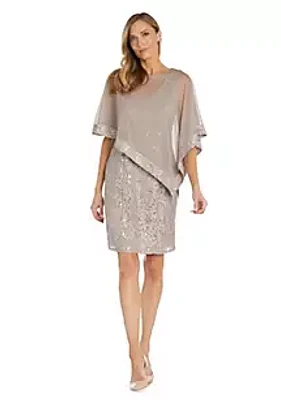 R & M Richards 1Pc Short Lace V Neck Dress With Sheer Poncho