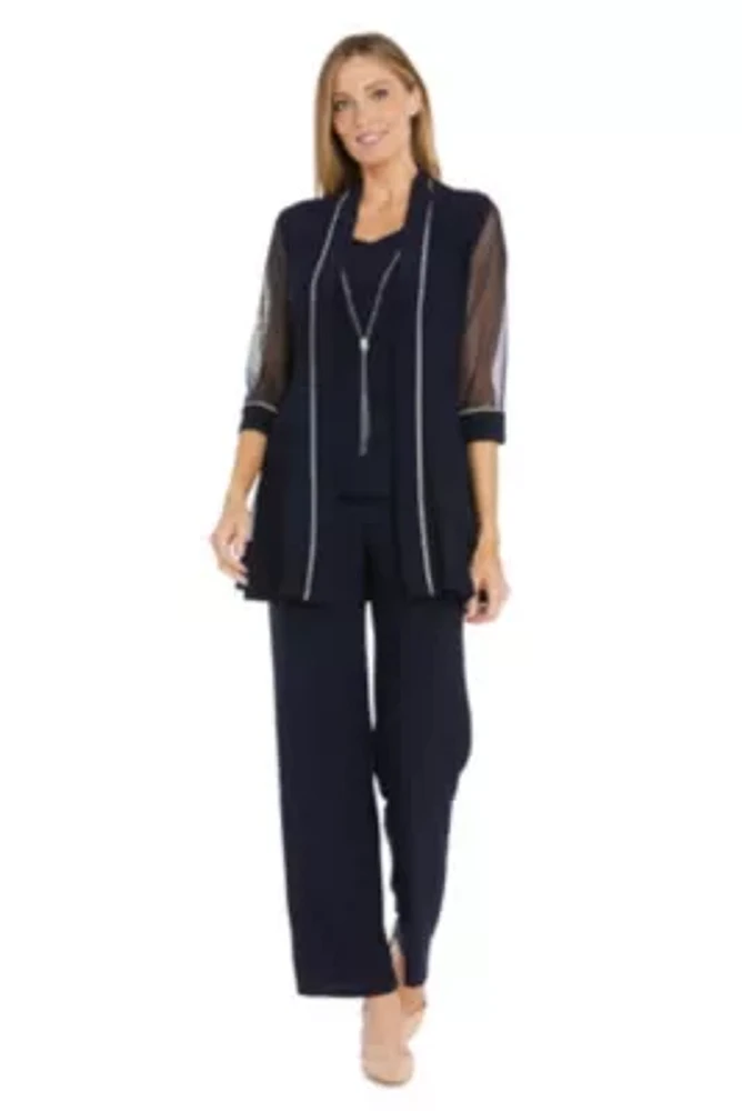 2Pc Mock Pantsuit Rhinestone Detail Mesh Inset Jacket And Pull On Elastic Pant